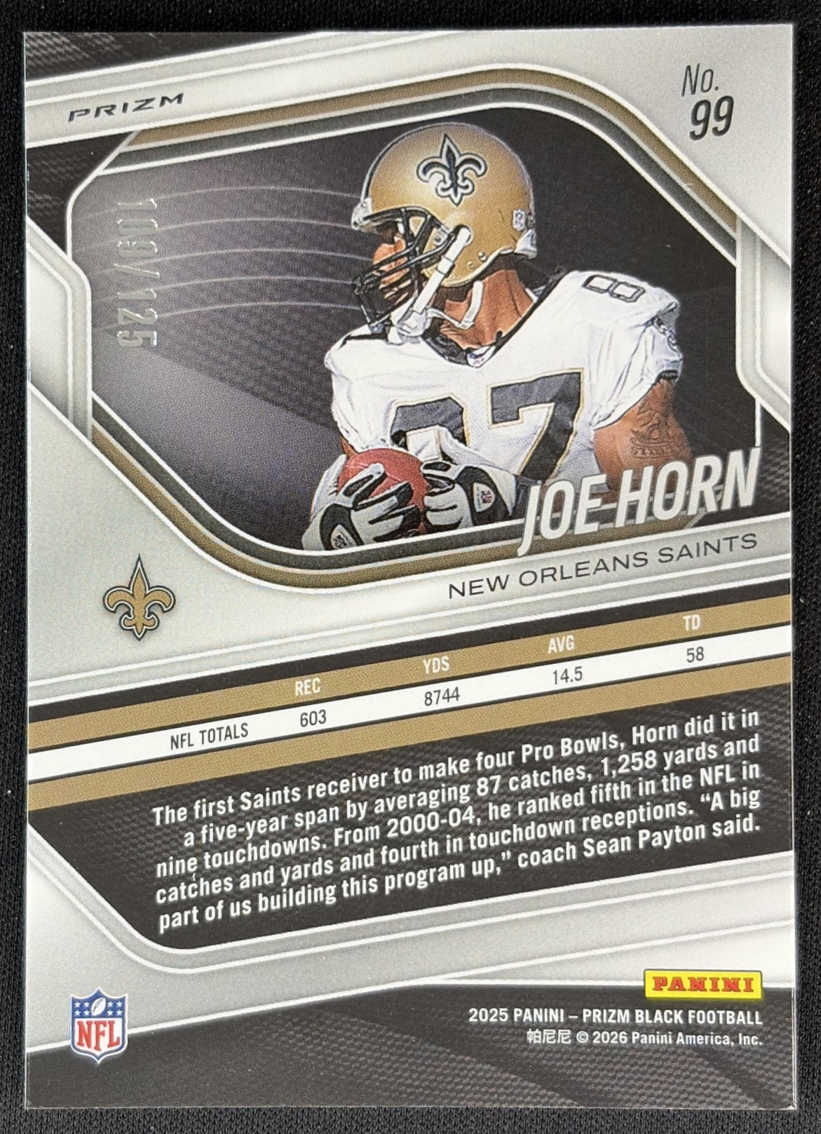 Joe Horn 2025 Panini Prizm Black Blue Ice /125 Saints Back