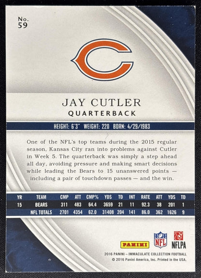 Jay Cutler 2016 Panini Immaculate Collection /99 Bears back