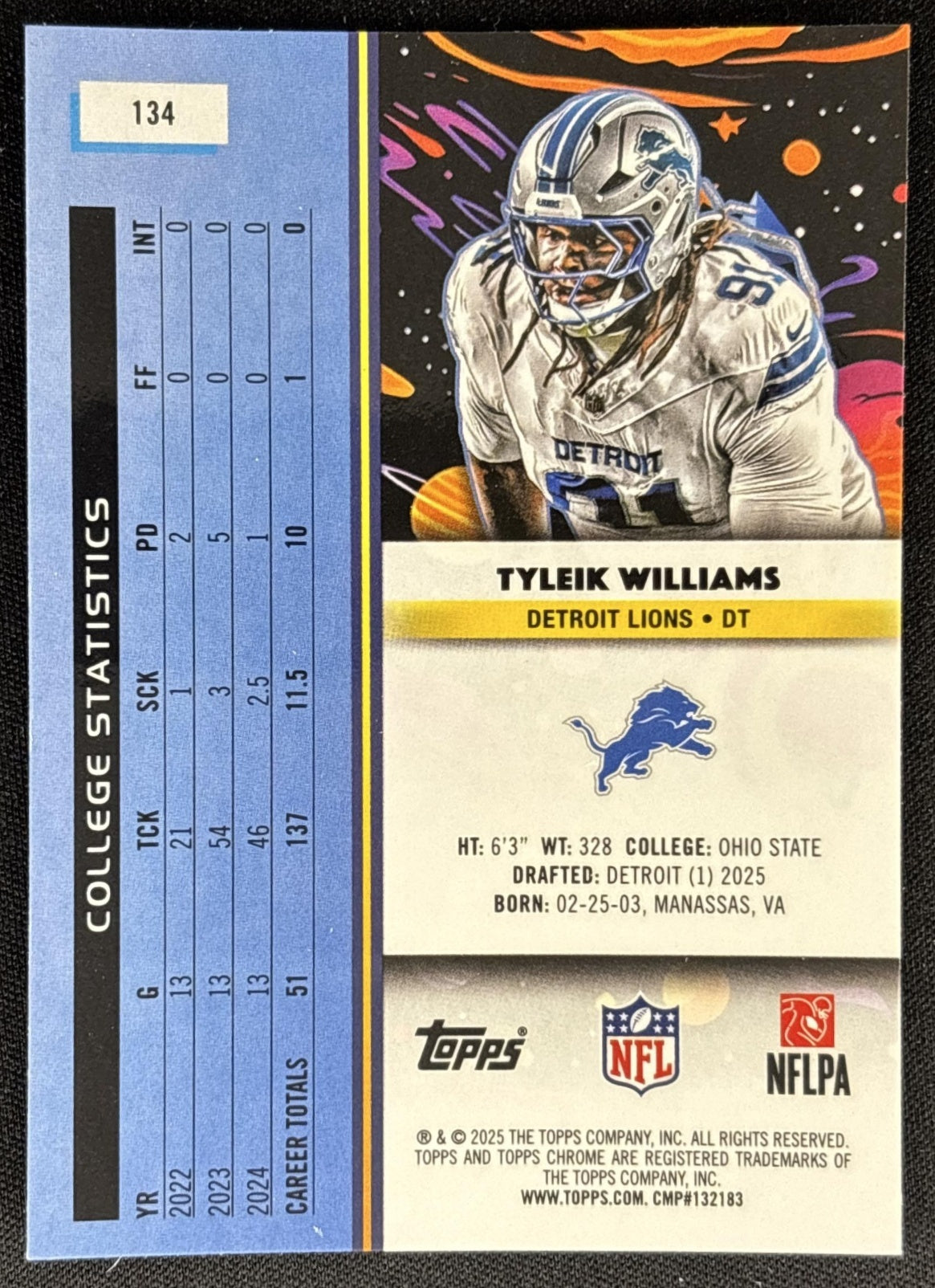 Tyleik Williams 2025 Topps Cosmic Chrome Lions