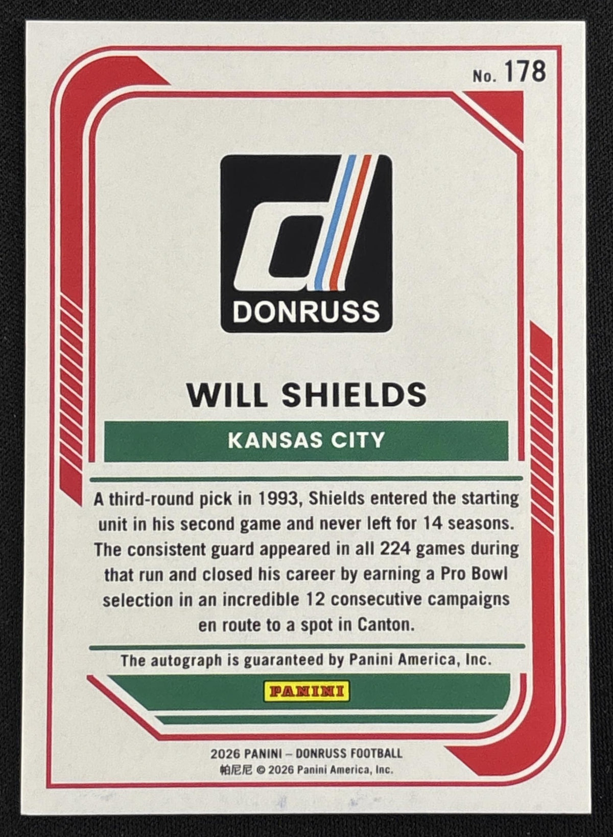 Will Shields 2026 Panini Donruss Auto Holo /75 Chiefs sports trading card back