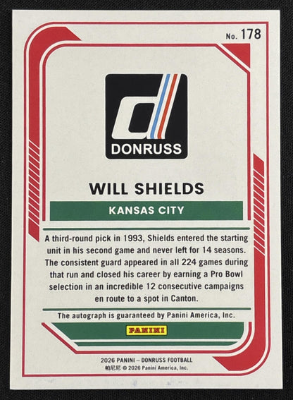 Will Shields 2026 Panini Donruss Auto Holo /75 Chiefs sports trading card back