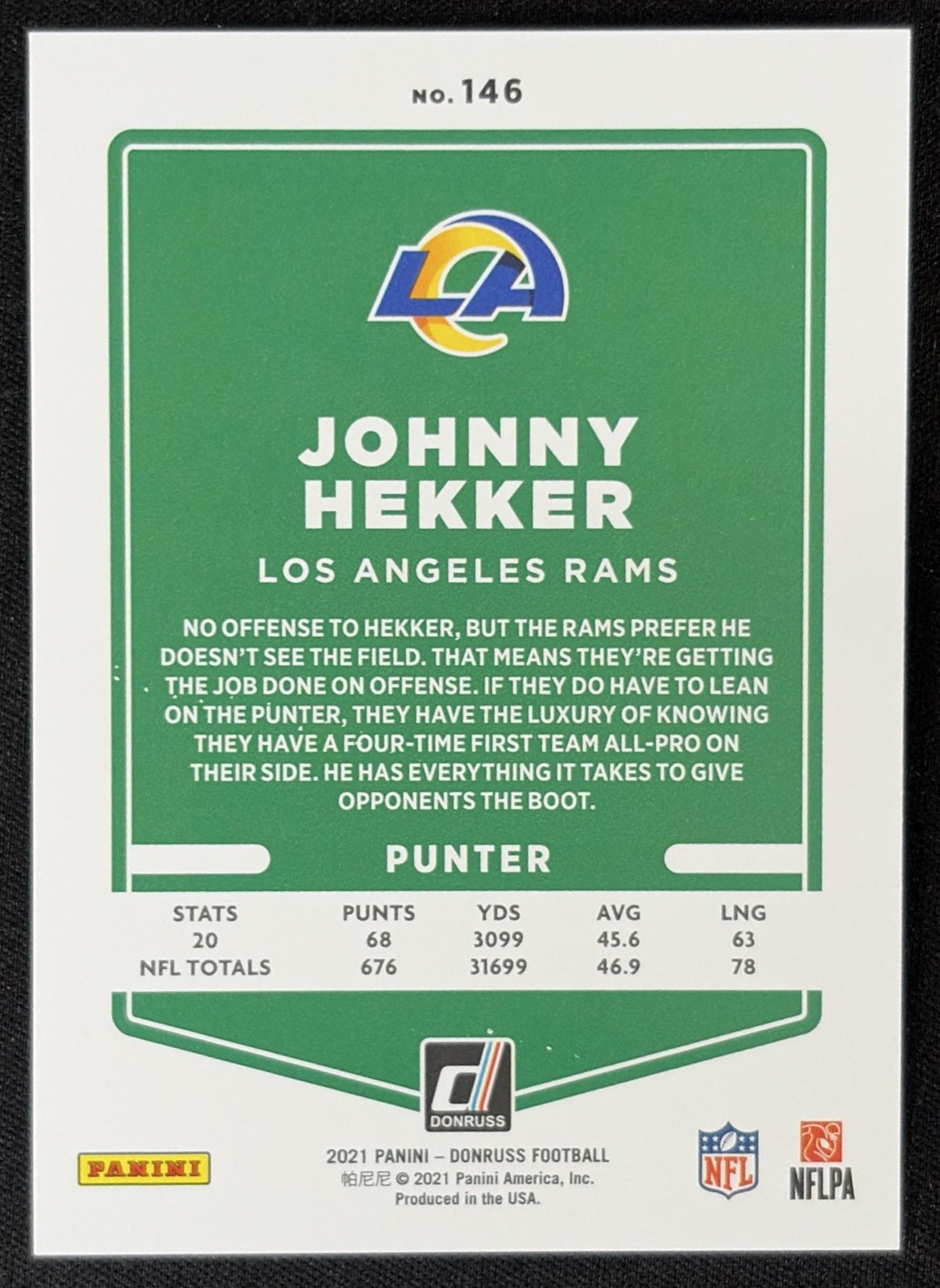Johnny Hekker 2021 Panini Donruss Press Proof Premium Rams Sports Trading Card