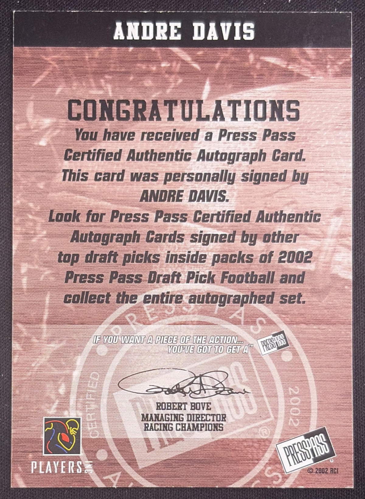 Andre Davis 2002 Press Pass Auto Hokies