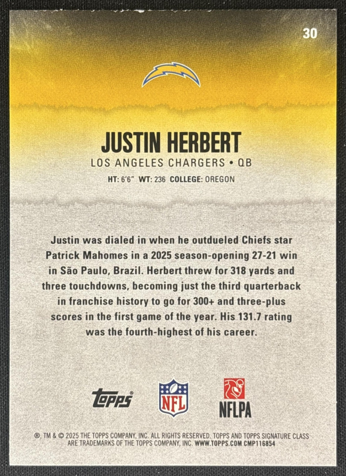 Justin Herbert 2025 Topps Signature Class Veteran Green & Purple Foil Chargers back