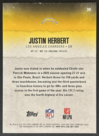 Justin Herbert 2025 Topps Signature Class Veteran Green & Purple Foil Chargers back