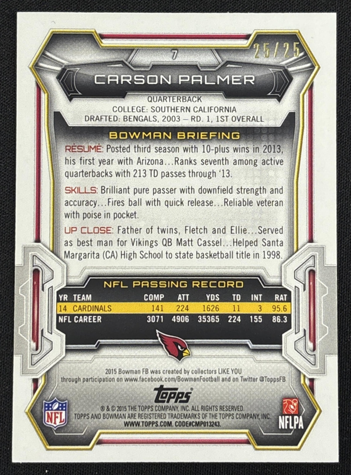 Carson Palmer 2015 Bowman Veterans Rainbow Red /25 Cardinals - Back
