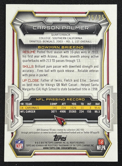 Carson Palmer 2015 Bowman Veterans Rainbow Red /25 Cardinals - Back
