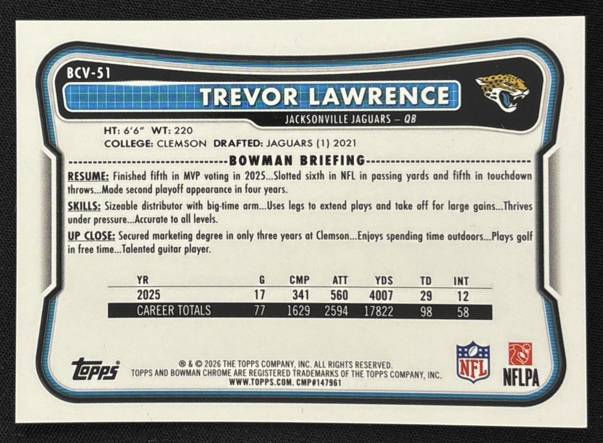 Trevor Lawrence 2026 Bowman Chrome NFL Yellow Mojo Refractor /275 Jaguars - Back