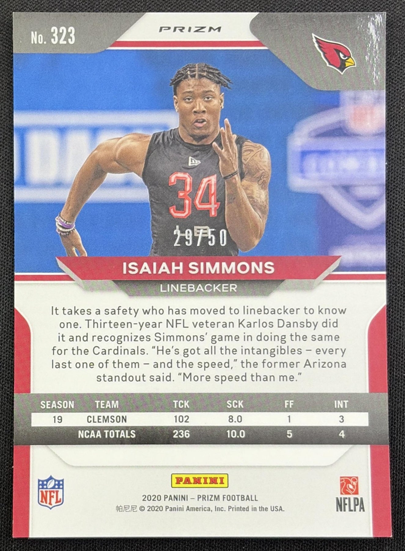 Isaiah Simmons 2020 Panini Prizm No Huddle Red /50 Cardinals Arizona Cardinals
