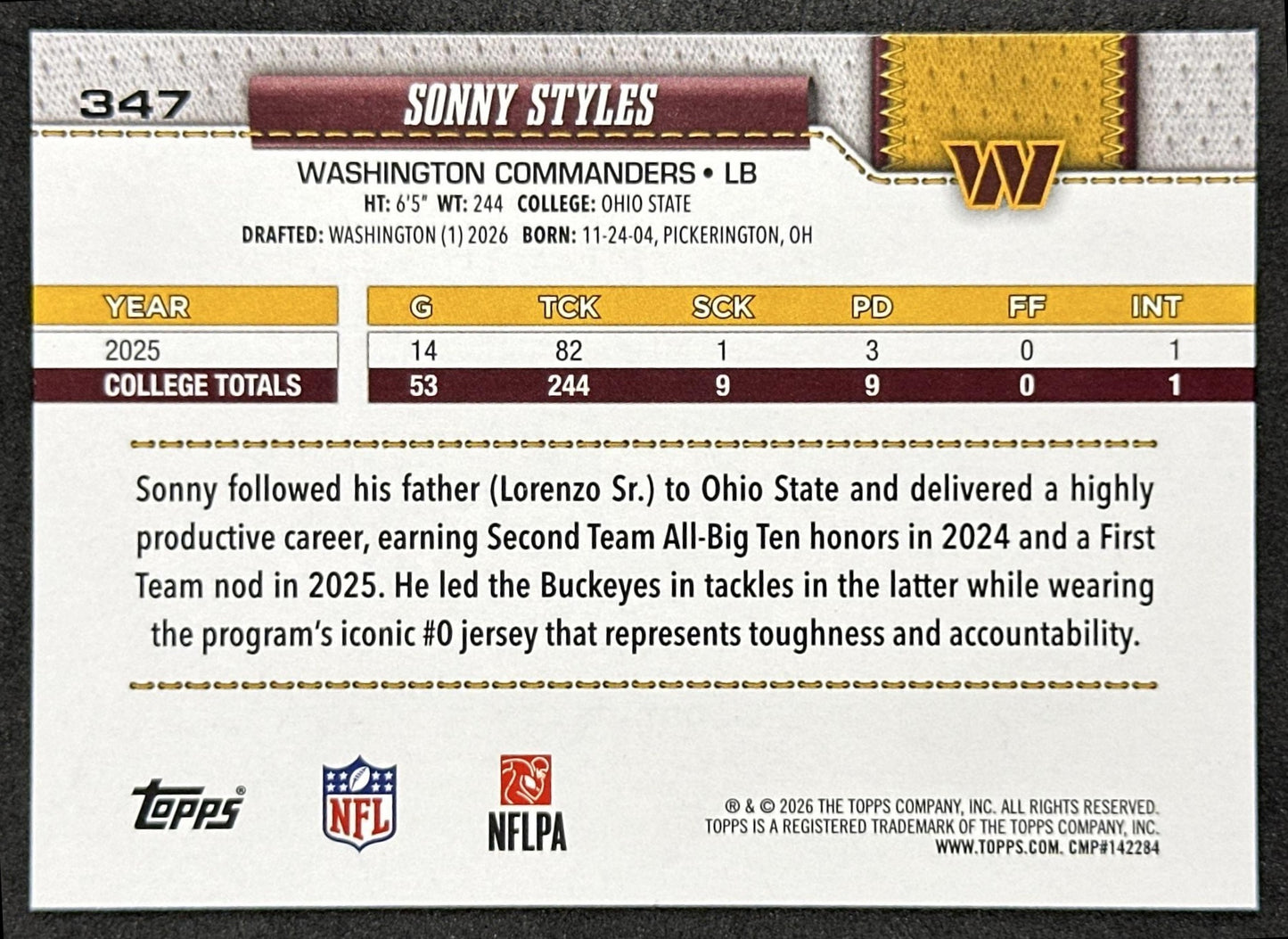 Sonny Styles 2026 Topps Flagship Rookie Commanders Sports Trading Card
