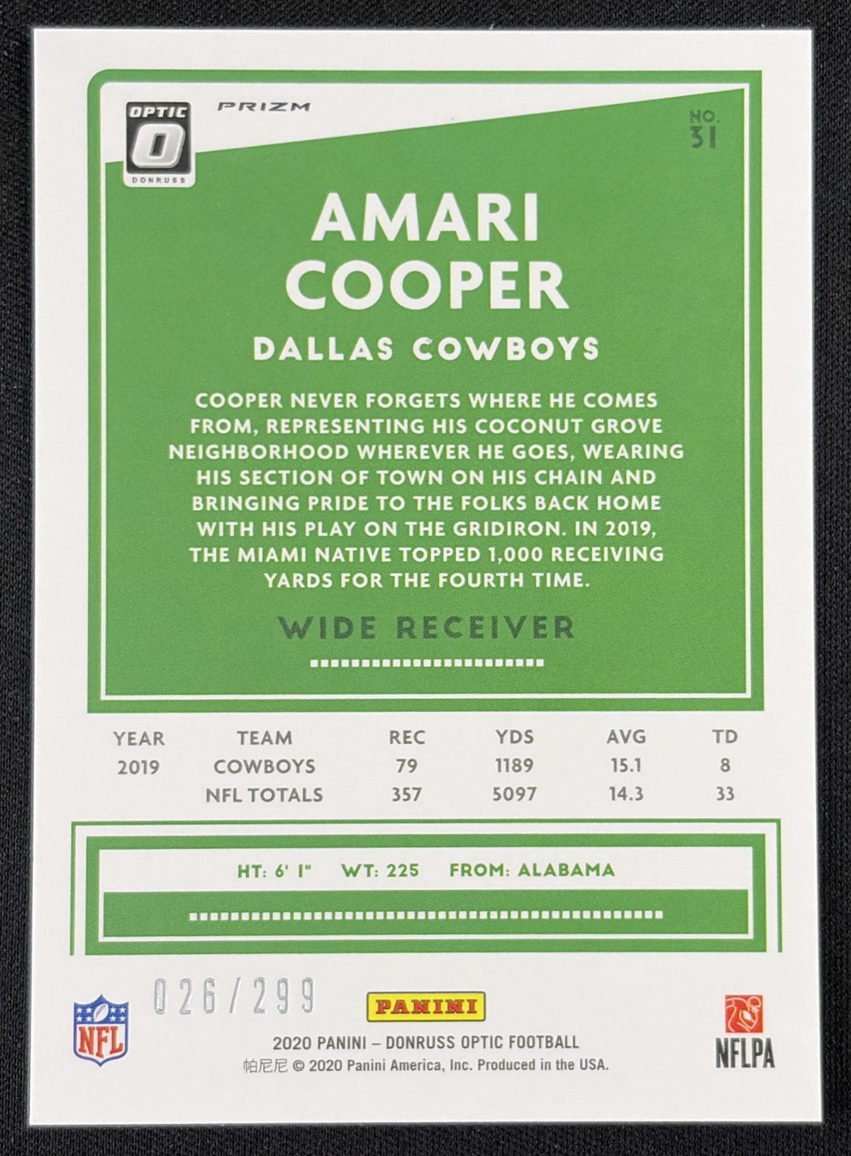 Amari Cooper 2020 Panini Donruss Optic Aqua Prizm /299 Cowboys