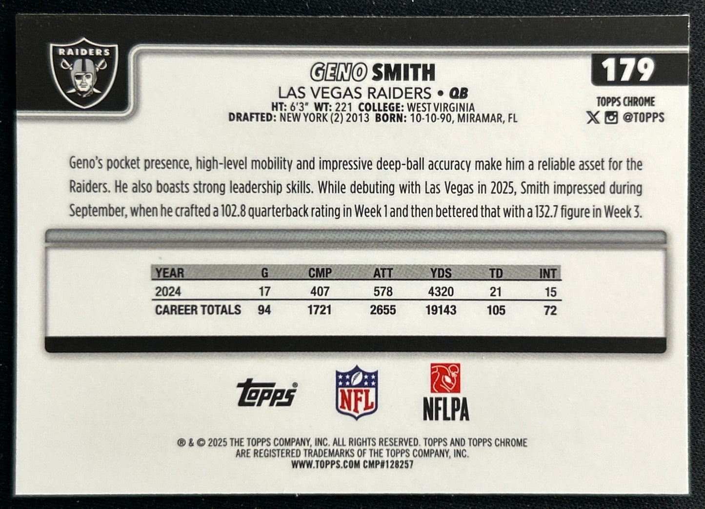 Geno Smith 2025 Topps Chrome Raiders Jets Sports Trading Cards