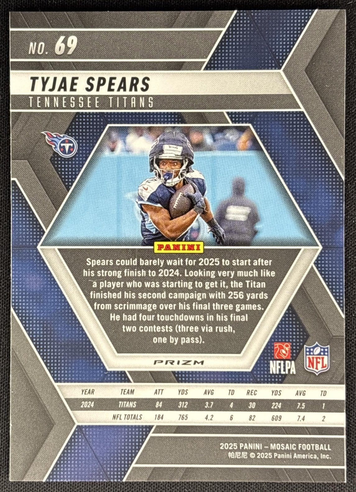 Tyjae Spears 2025 Panini Mosaic Purple Scope Prizm Titans back