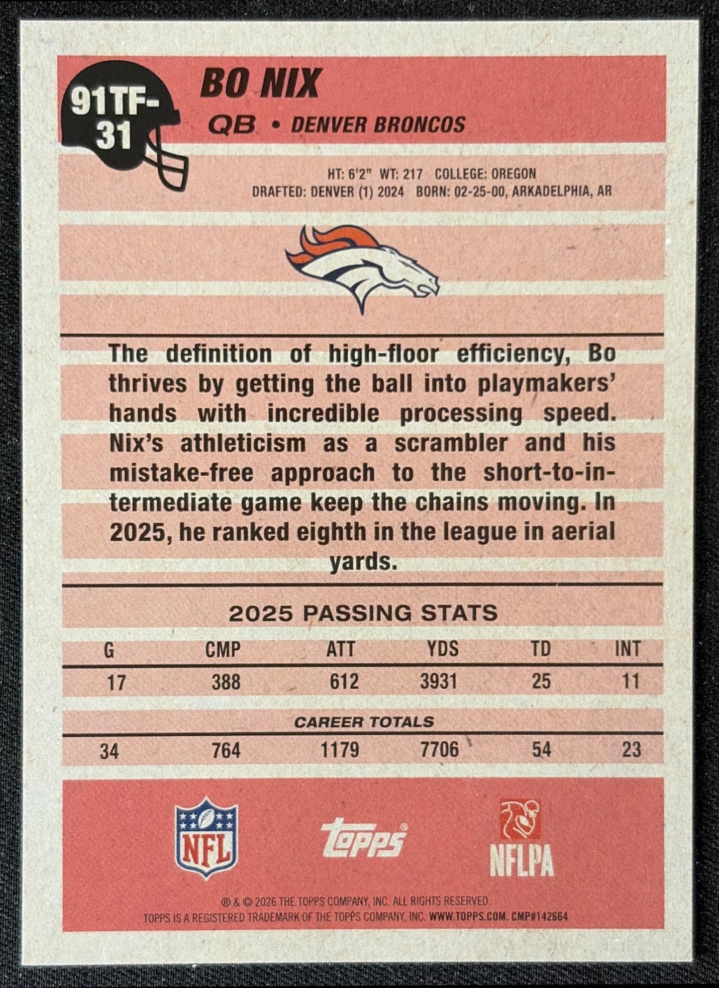 Bo Nix 2026 Topps 1991 Broncos back