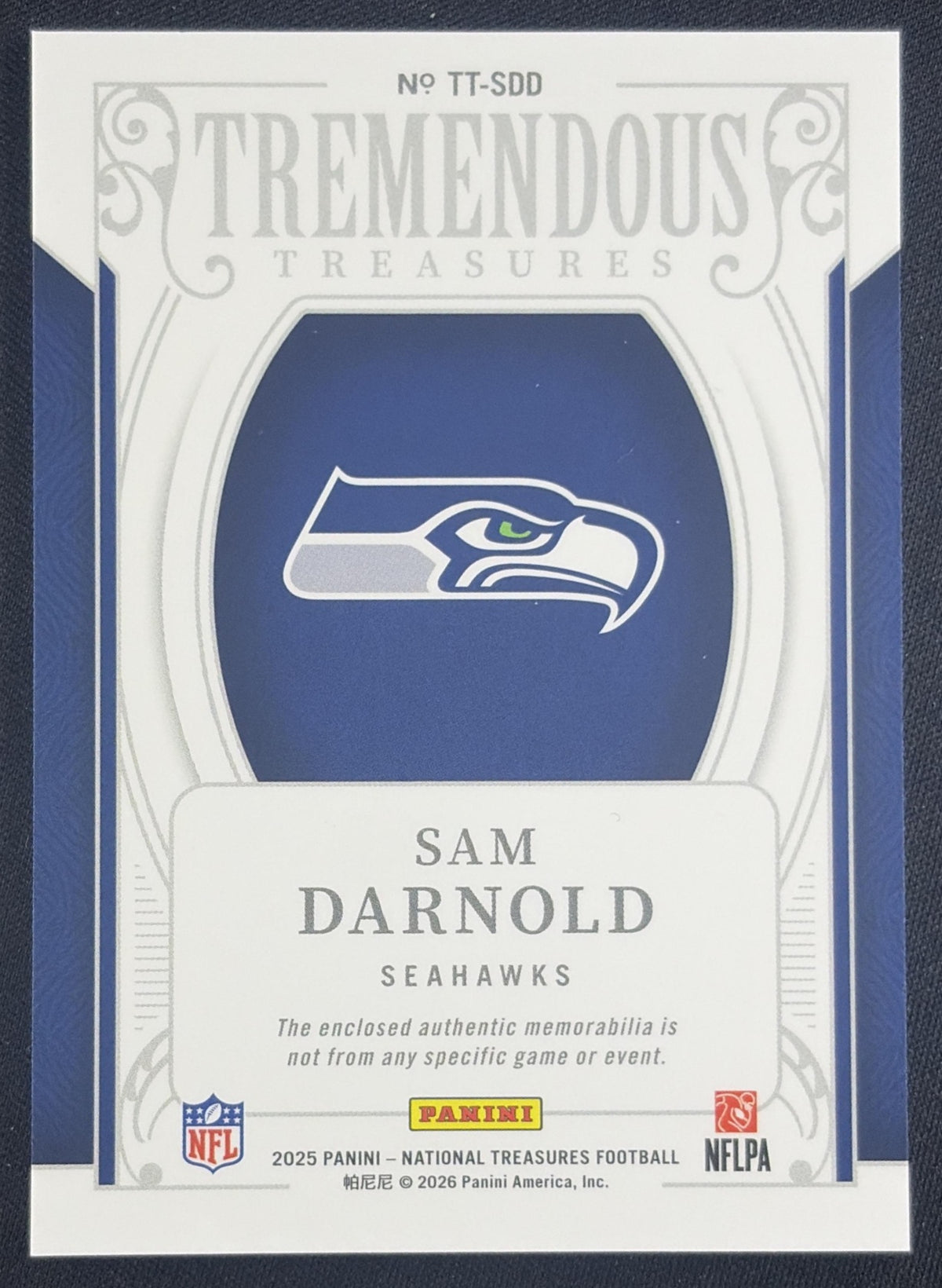 Sam Darnold 2025 Panini National Treasures Tremendous Holo Silver /25 Seahawks Sports Trading Card
