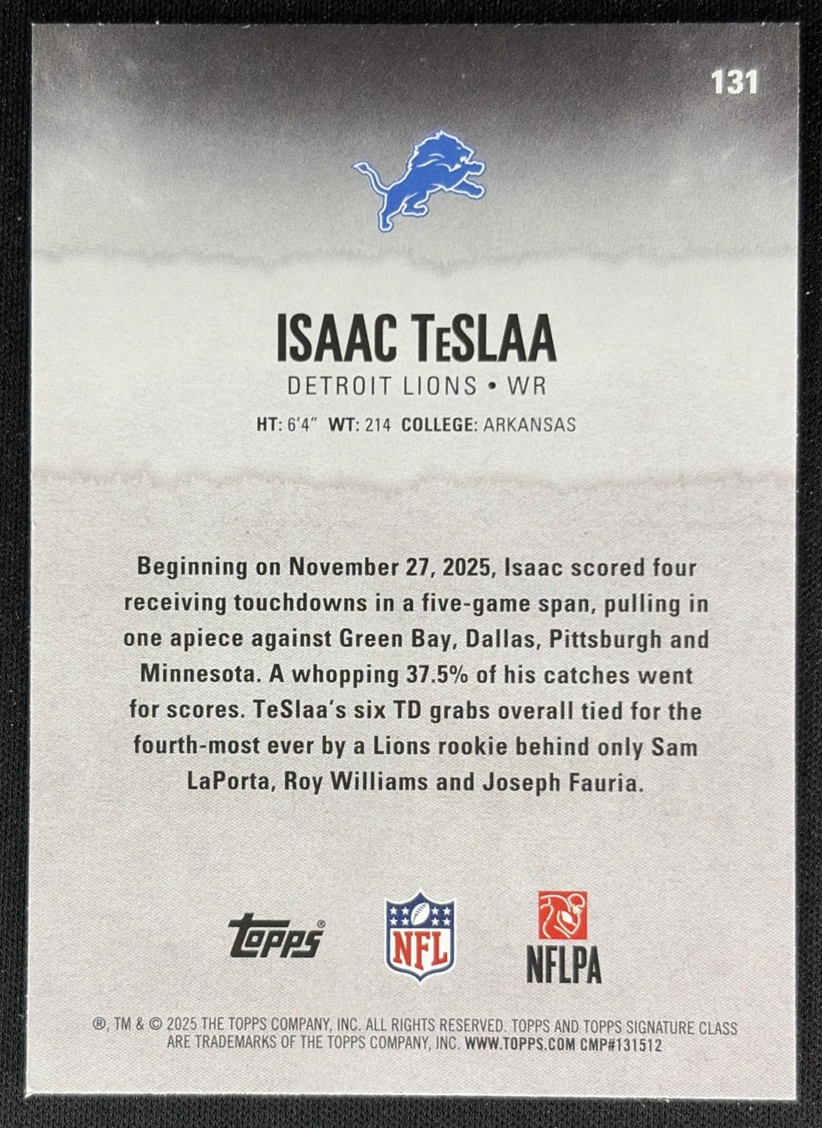 Isaac TeSlaa 2025 Topps Signature Class Rookie Lions Back