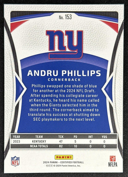 Andru Phillips 2024 Panini Certified Rookies /400 Giants