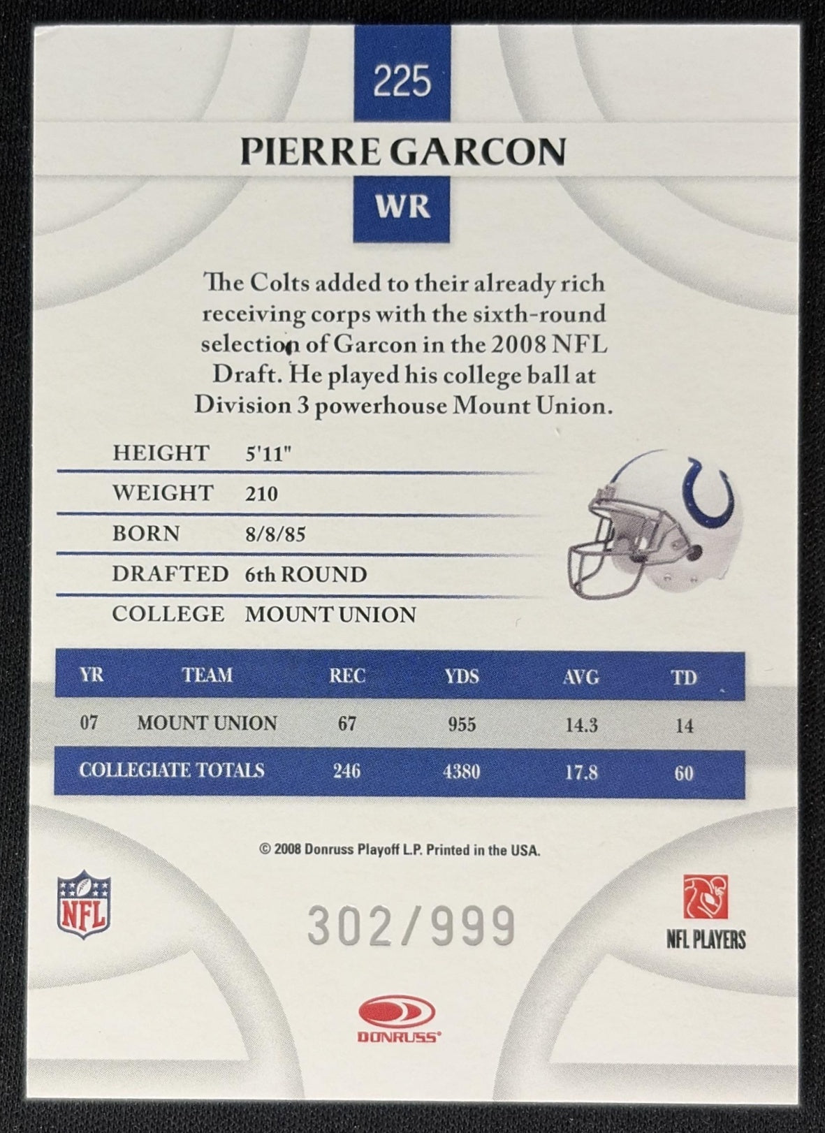 Pierre Garcon 2008 Donruss Threads Retail Rookies /999 Colts back