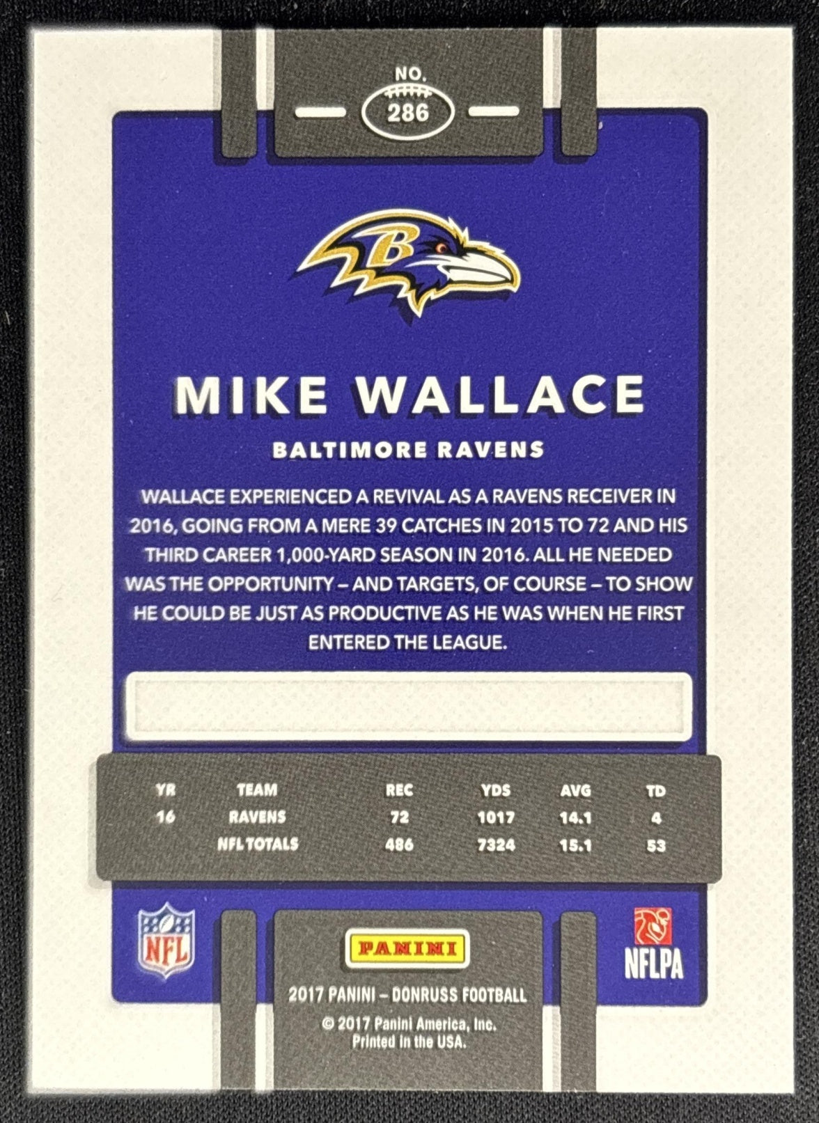 Mike Wallace 2017 Panini Donruss Press Proof Silver /100 Ravens back