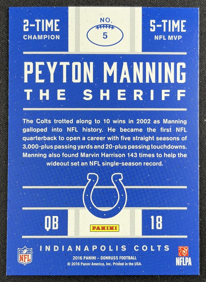 Peyton Manning 2016 Panini Donruss The Sheriff Tribute Red Foil Colts 5 back