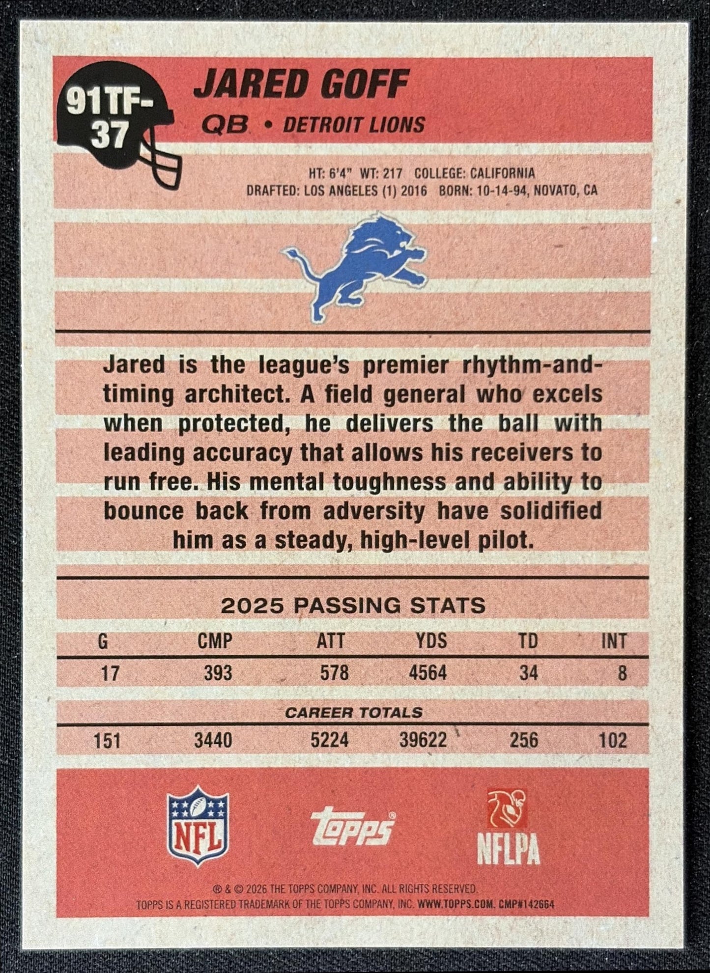 Jared Goff 2026 Topps 1991 Lions back