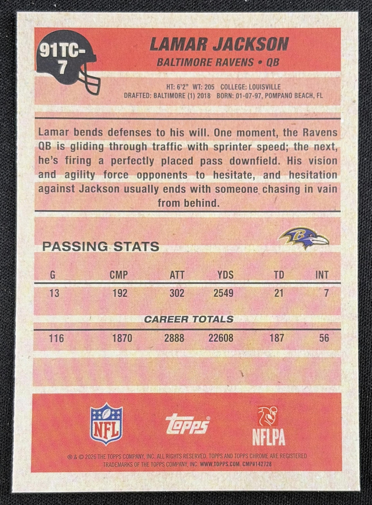 Lamar Jackson 2026 Topps 1991 Chrome Mojo Refractor Ravens back
