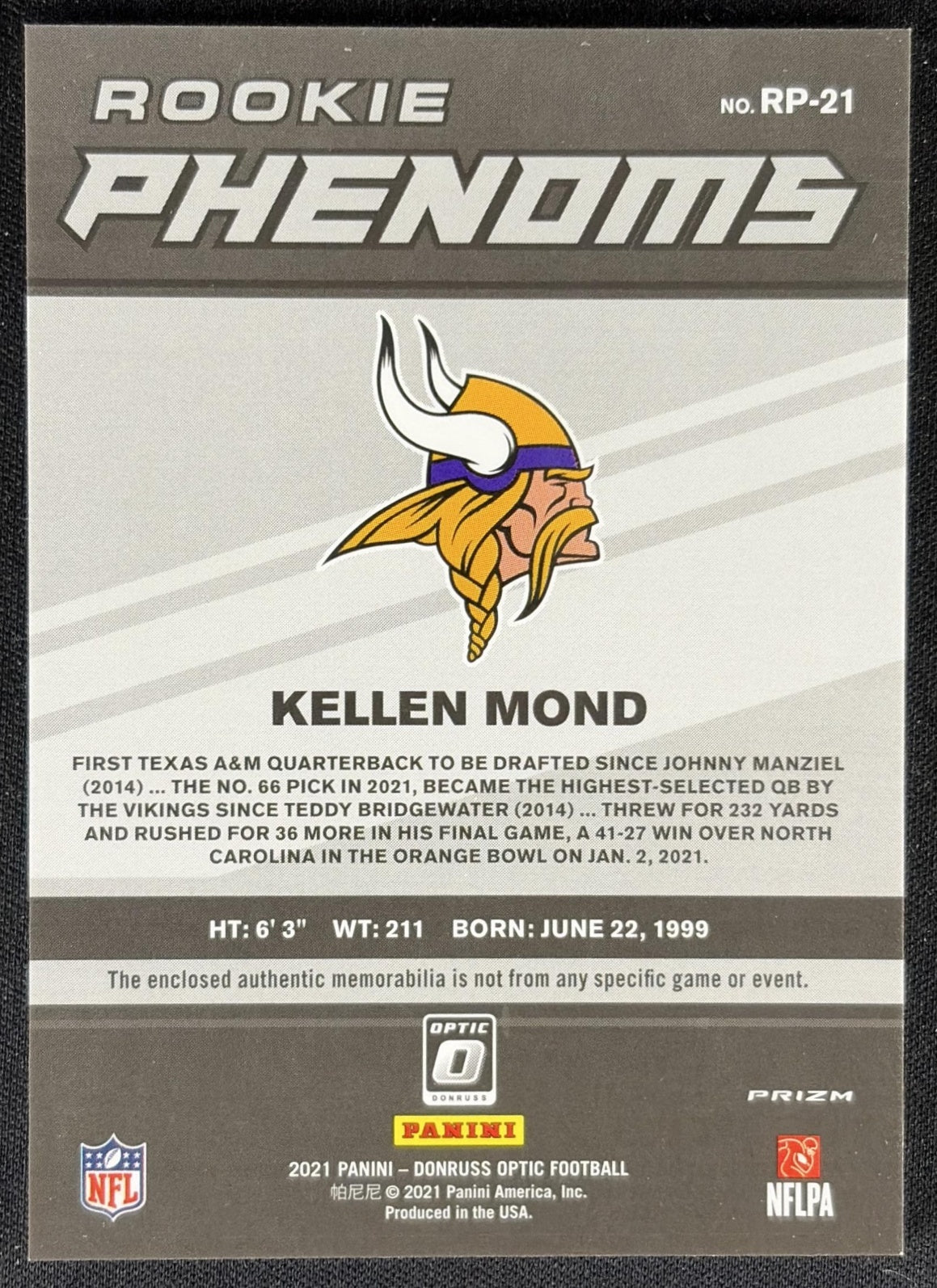 Kellen Mond 2021 Panini Donruss Optic Rookie Phenoms Red Vikings