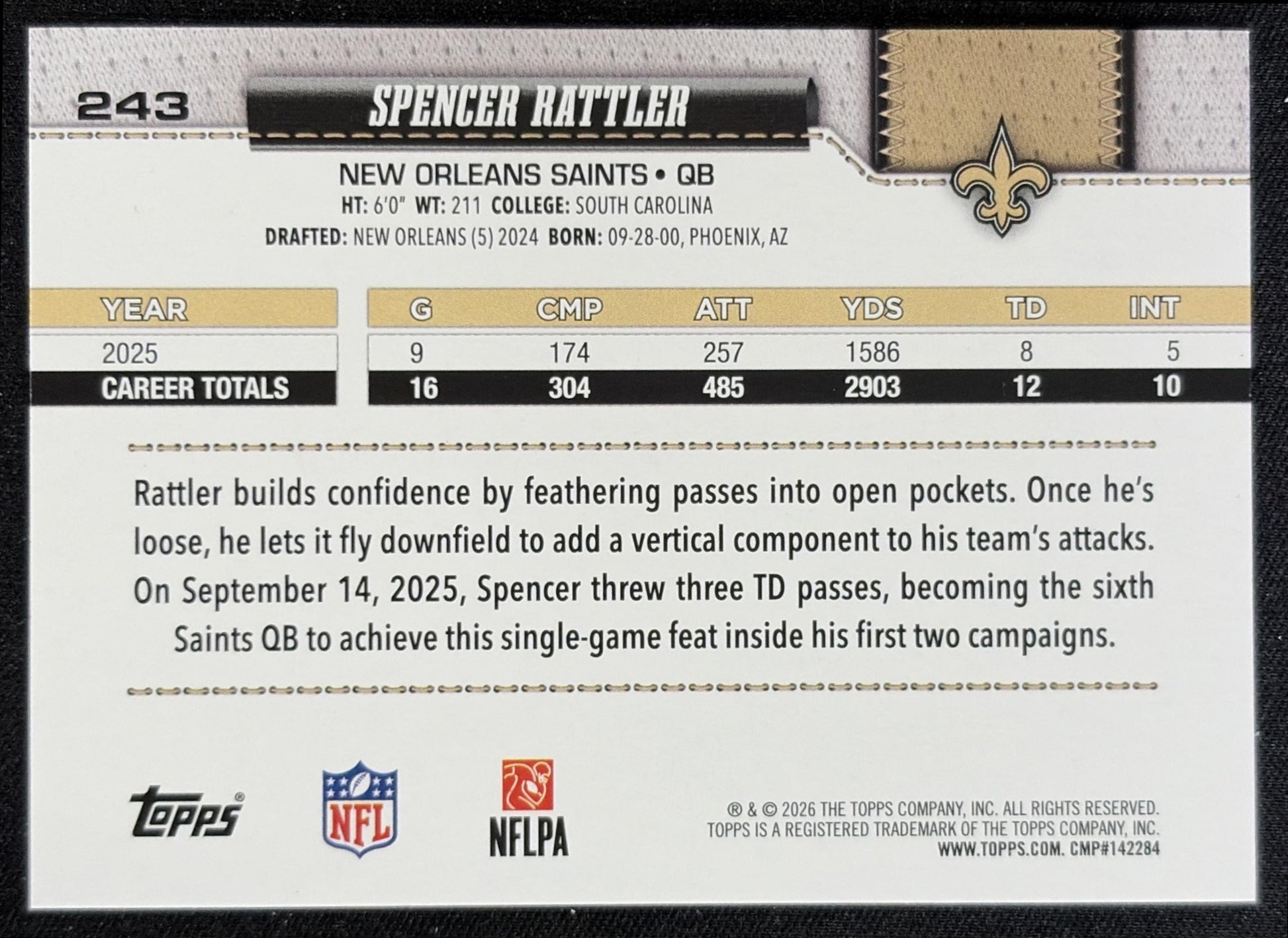 Spencer Rattler 2026 Topps Sandglitter Saints back