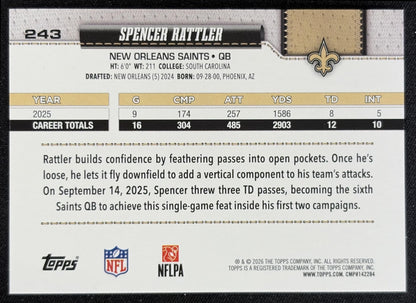 Spencer Rattler 2026 Topps Sandglitter Saints back