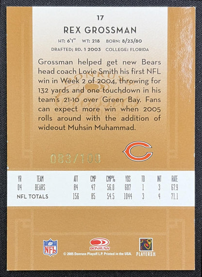 Rex Grossman 2005 Donruss Classics Timeless Tributes Bronze /100 Bears back