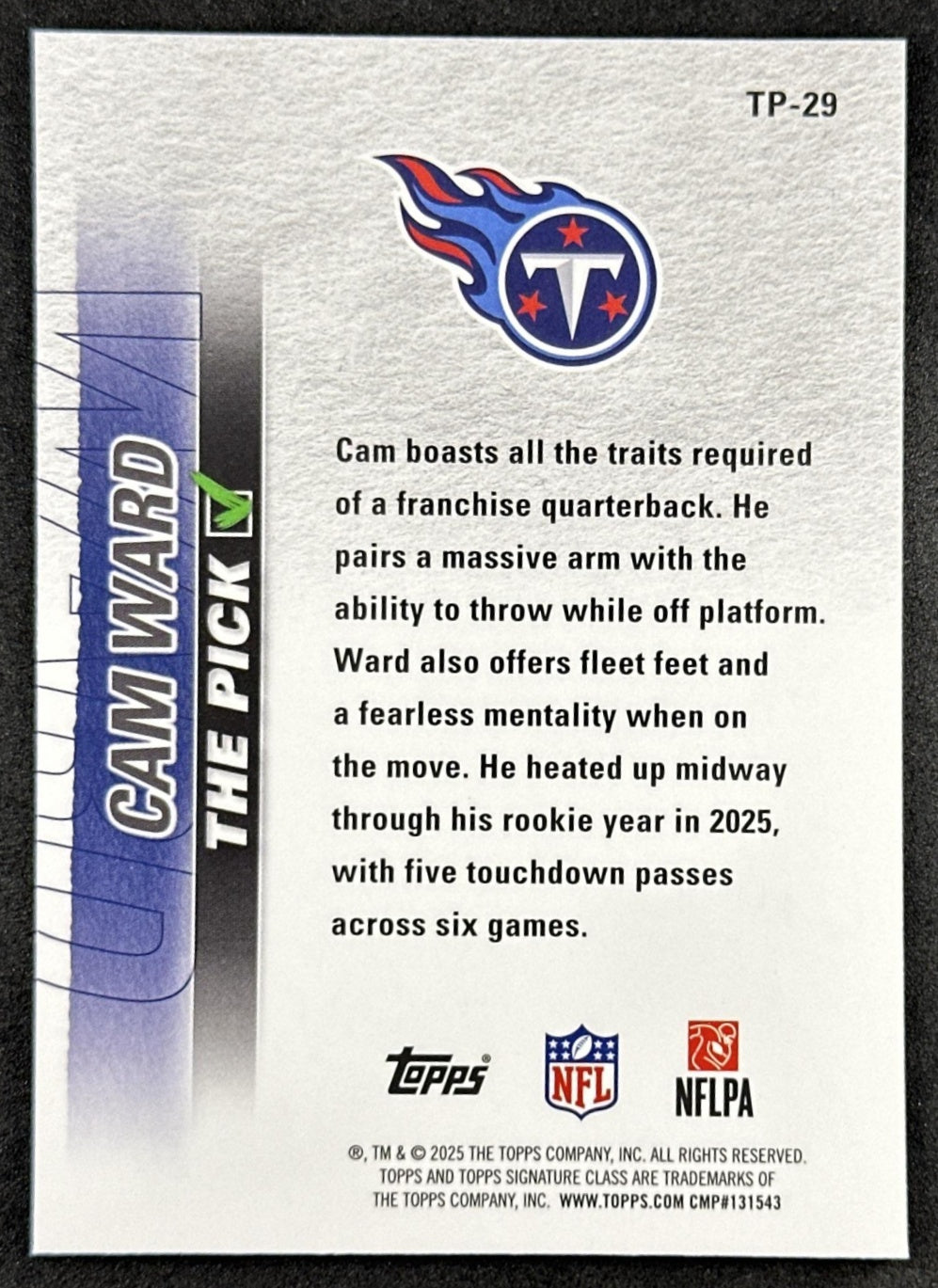 Cam Ward 2025 Topps Signature Class The Pick Titans back