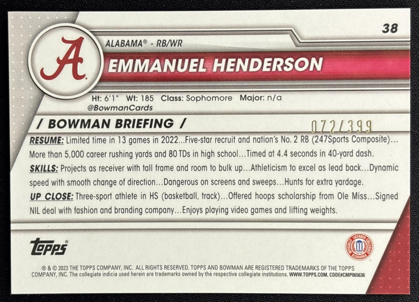 Emmanuel Henderson 2023 University Chrome Purple Refractor /399 Crimson Tide back