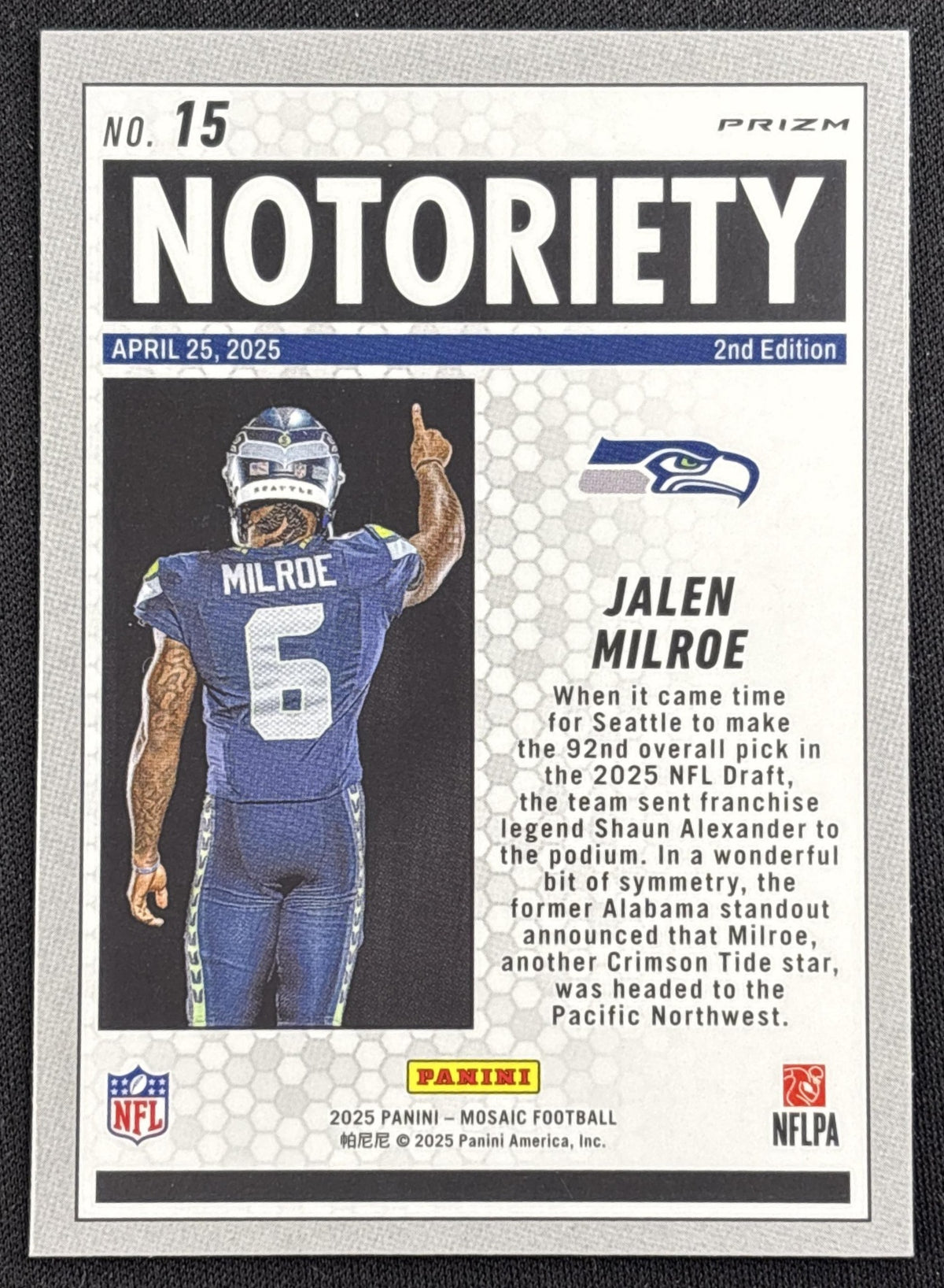 Jalen Milroe 2025 Panini Mosaic Notoriety Orange Fluorescent Prizm Seahawks Seattle Seahawks