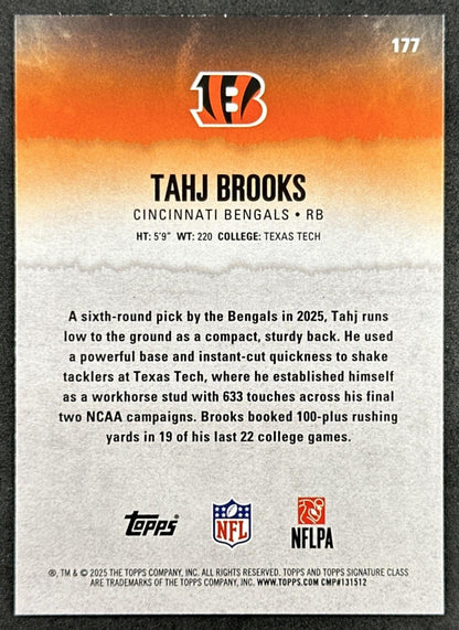 Tahj Brooks 2025 Topps Signature Class Rookie Blue & Yellow Foil Bengals back