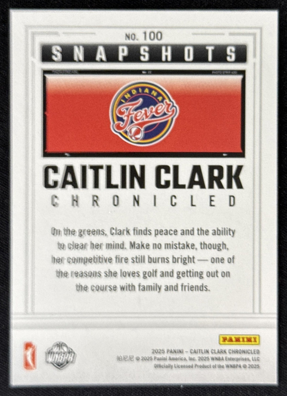 Caitlin Clark 2025 Panini Chronicled Snap Shots Fever 100 Sports Trading Card