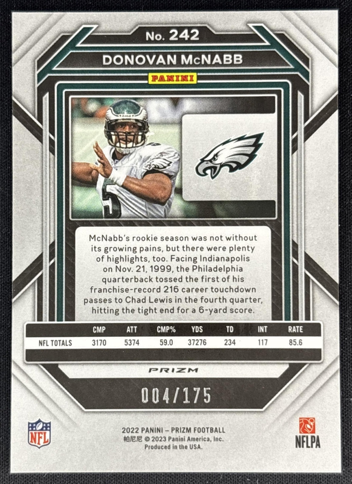 Donovan McNabb 2022 Panini Prizm Hyper /175 Eagles Back