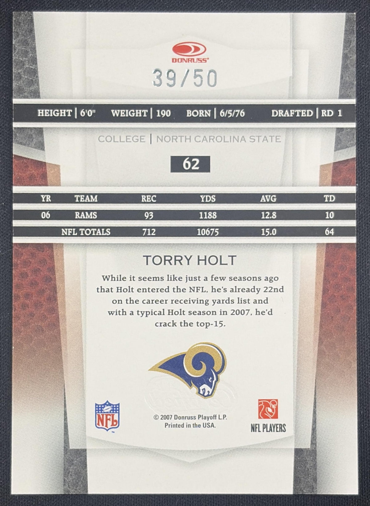 Torry Holt 2007 Leaf Certified Materials Mirror Blue /50 Rams Sports Trading Card