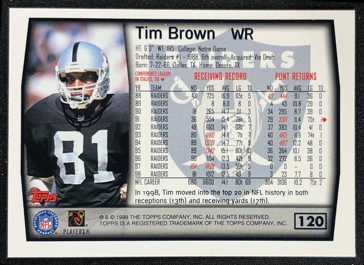Tim Brown 1999 Topps Raiders