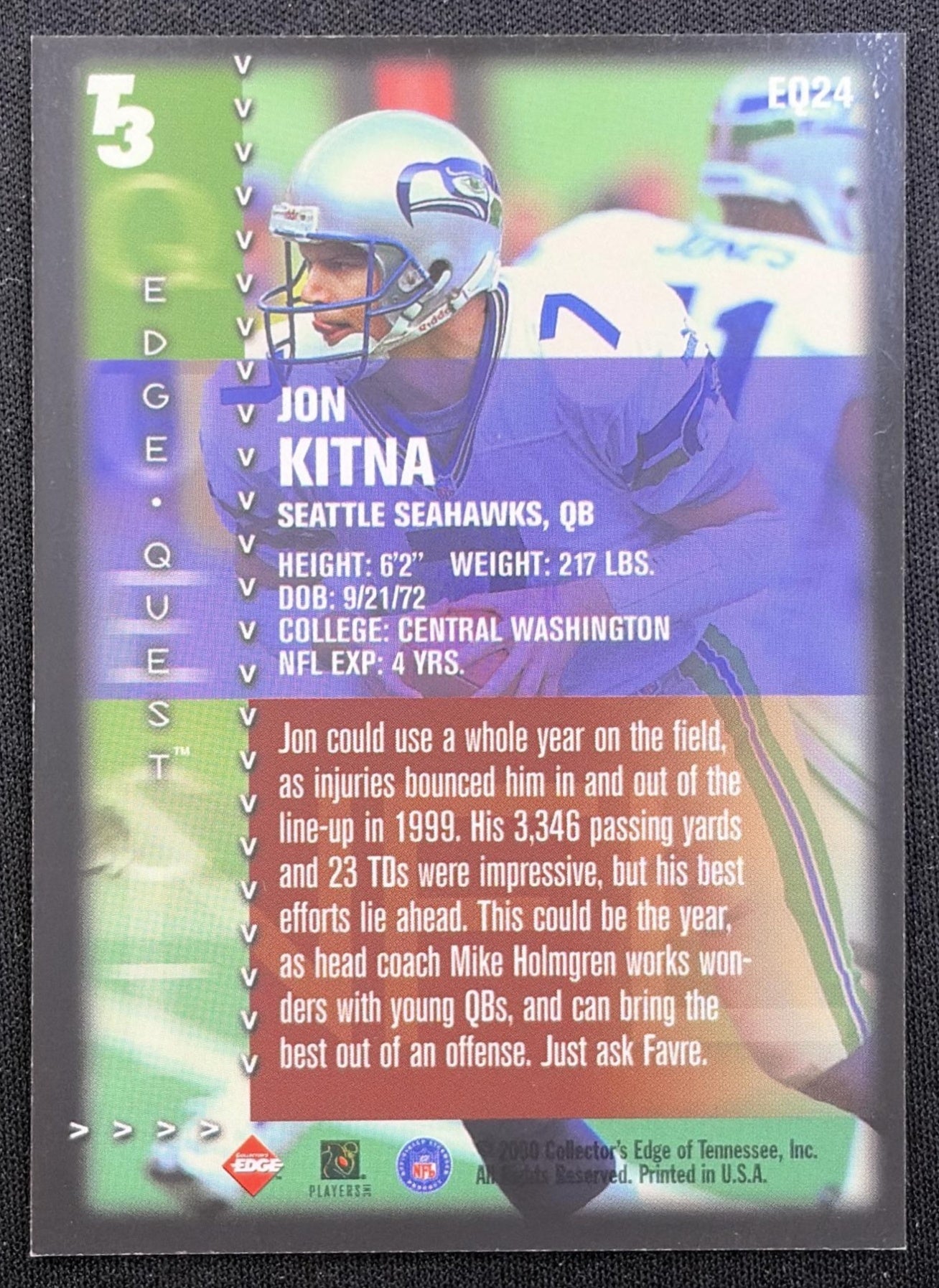 Jon Kitna 2000 Collector's Edge T3 Quest /1000 Seahawks back