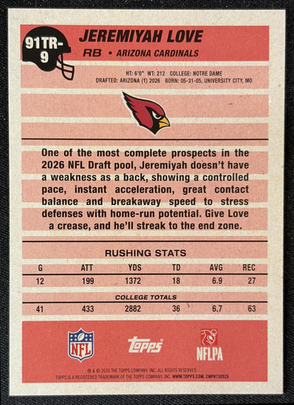 Jeremiyah Love 2026 Topps 1991 Rookie Cardinals back