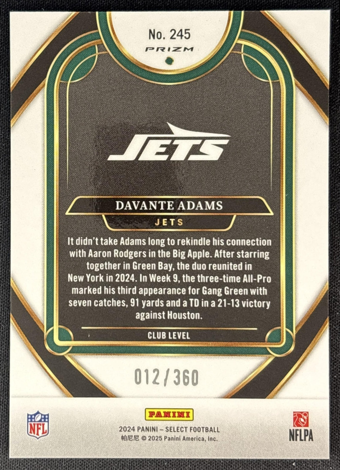 Davante Adams 2024 Panini Select Club Purple Prizm Shock /360 Jets Sports Trading Cards