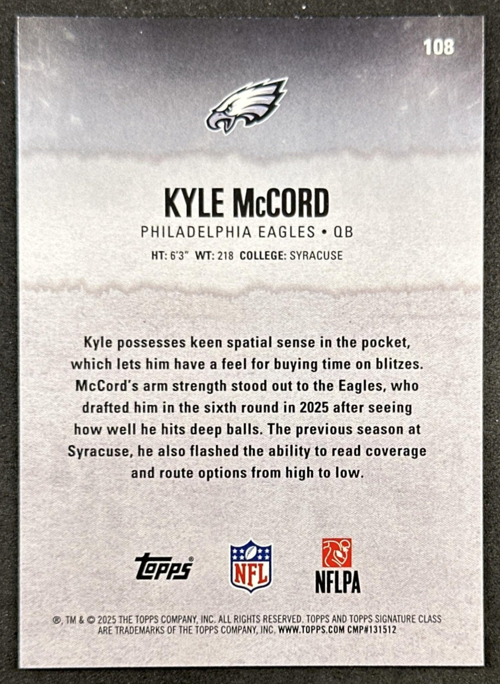 Kyle McCord 2025 Topps Signature Class Rookie Blue & Yellow Foil Eagles