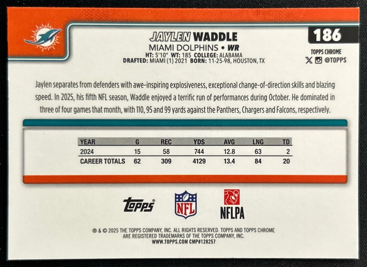 Jaylen Waddle 2025 Topps Chrome Dolphins Sports Trading Cards