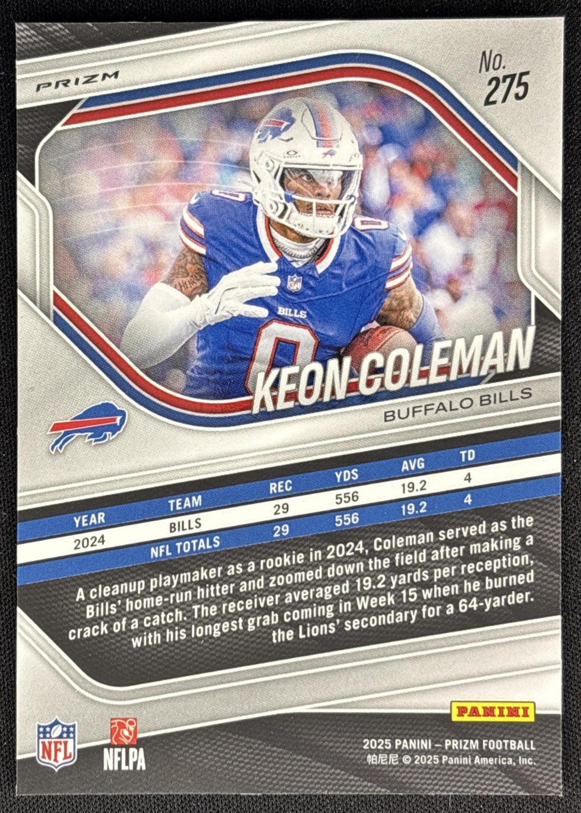 Keon Coleman 2025 Panini Prizm Silver Bills back