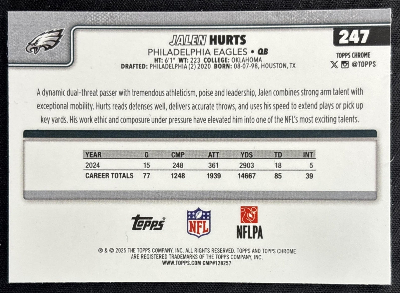Jalen Hurts 2025 Topps Chrome RayWave Refractor Eagles back