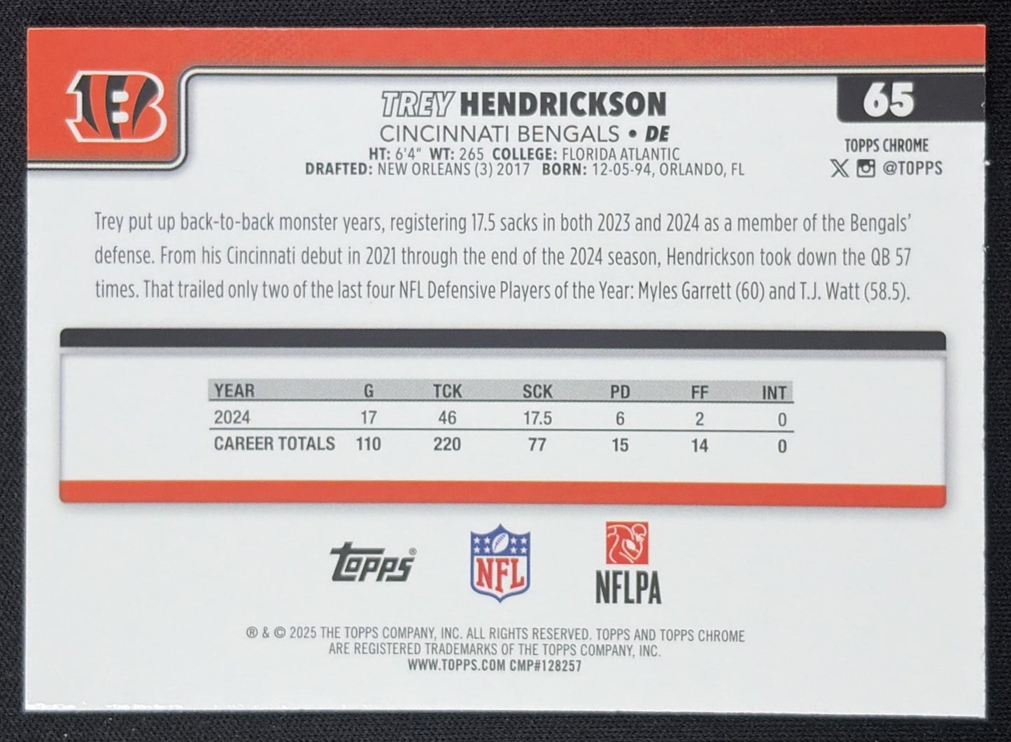 Trey Hendrickson 2025 Topps Chrome Teal Refractor /299 Bengals Cincinnati Bengals