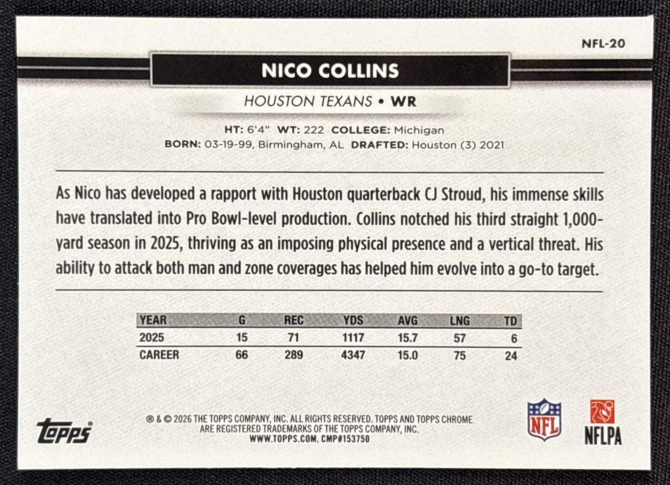 Nico Collins 2026 Topps NSCC Collection NFL Texans Sports Trading Cards