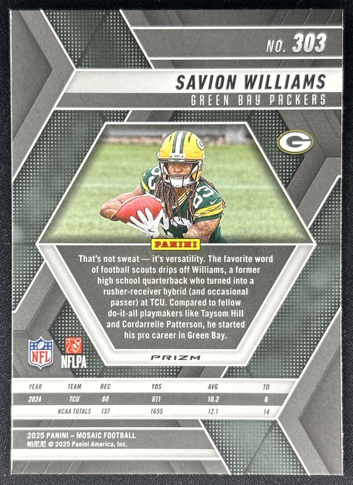 Savion Williams 2025 Panini Mosaic Rookies Red and White Stripe Prizm Packers