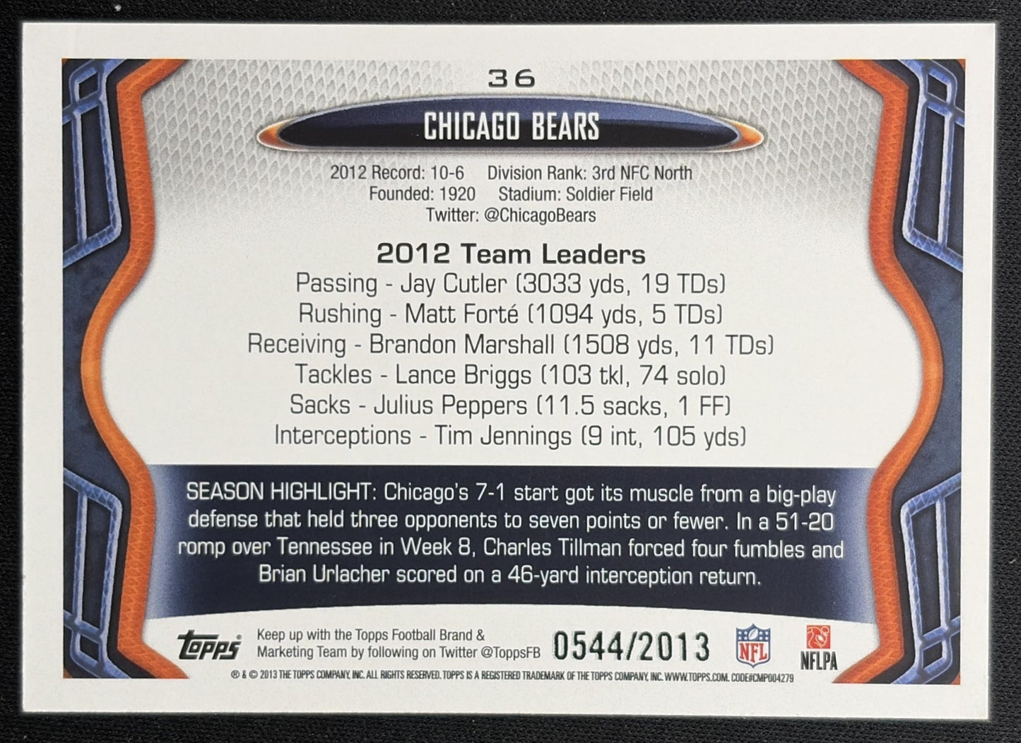 Chicago Bears 2013 Topps Gold /2013 Sports Trading Card