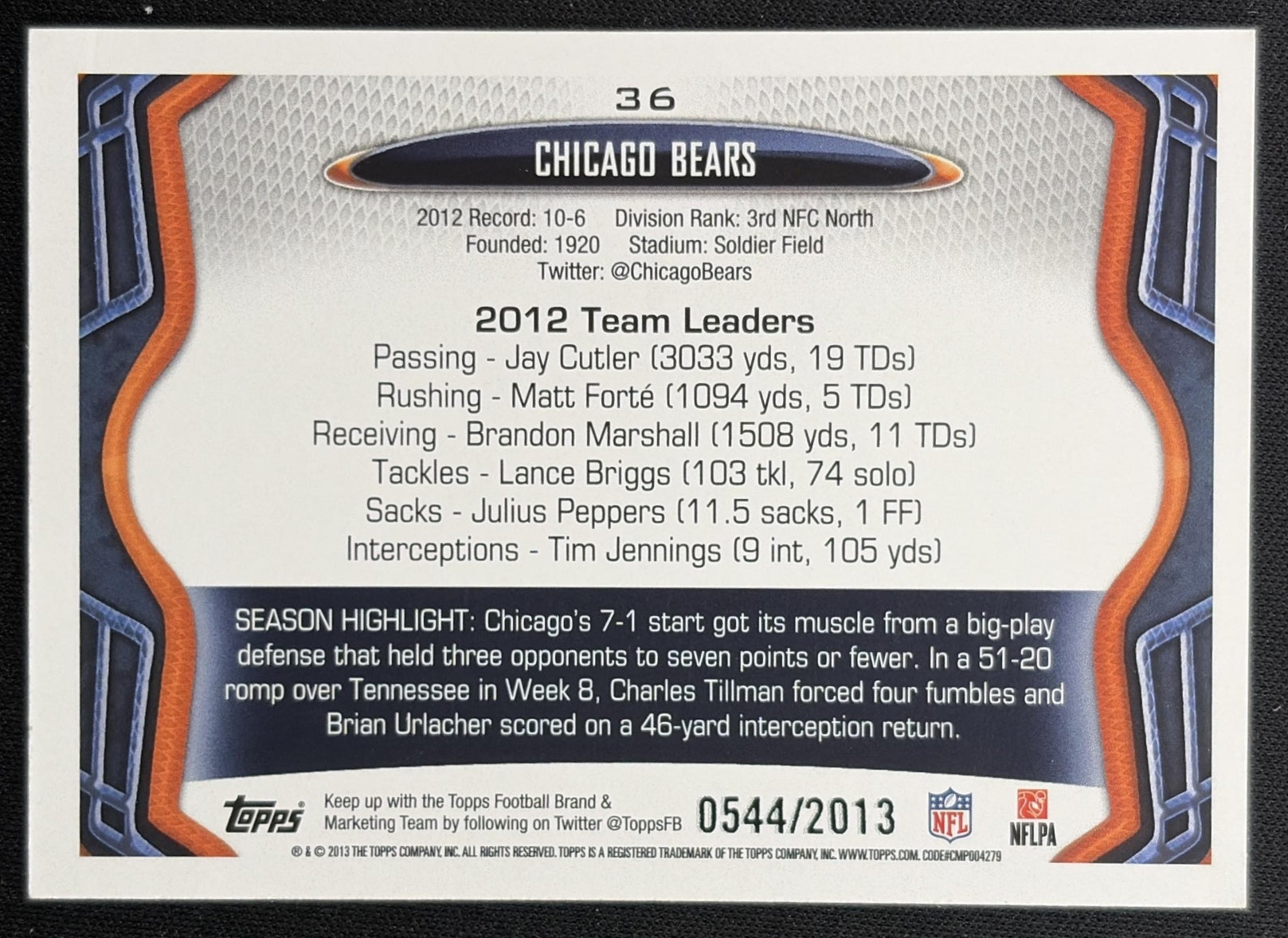Chicago Bears 2013 Topps Gold /2013 Sports Trading Card